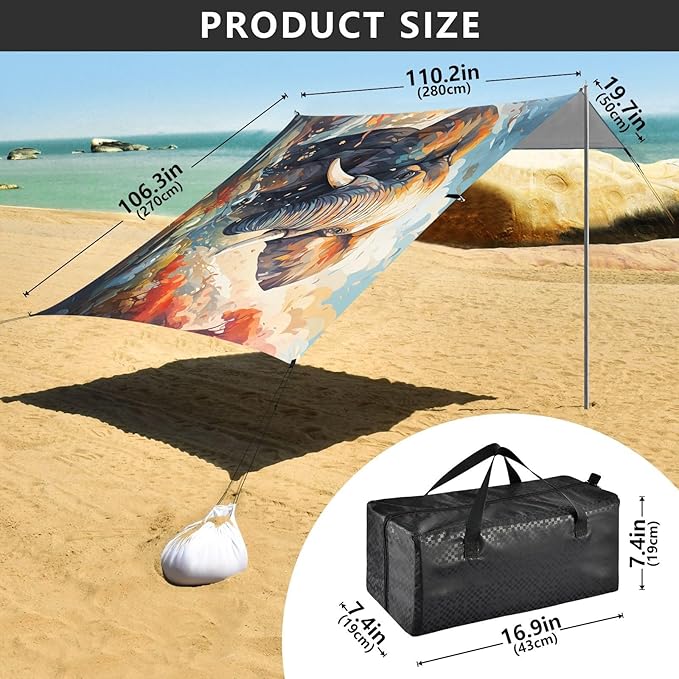 ALAZA Elephant in Forest Beach Tent Sun Shelter UPF50+ Protection Beach Shade Canopy w/ 4 Sandbags for Outdoor Camping Fishing Backyard Fun Picnic 10x9 ft