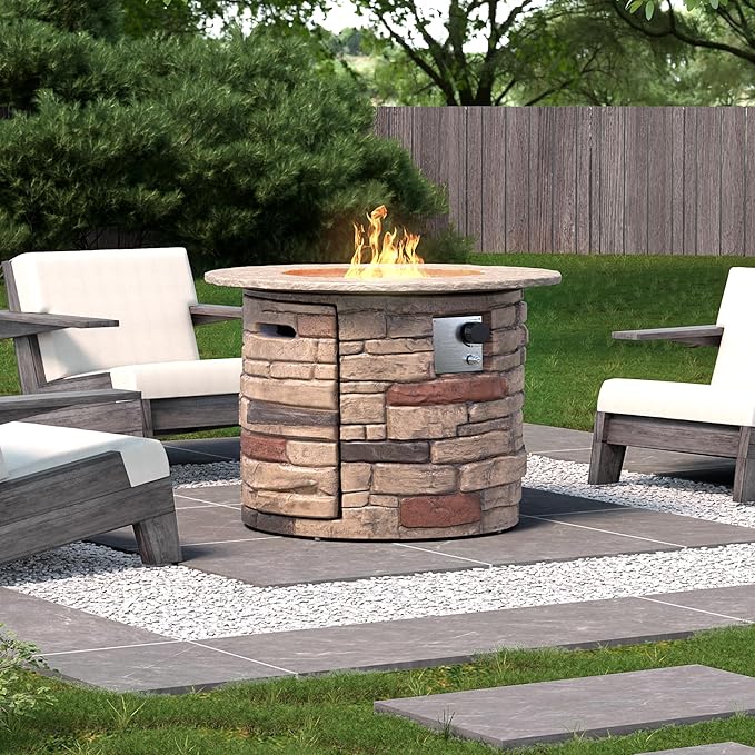 HOMPUS Outdoor Propane Fire Table 32-inch Imitation Stone Concrete with Rain Cover and Lava Rocks - Smokeless 40000 BTU for Patio Garden Deck or Backyard