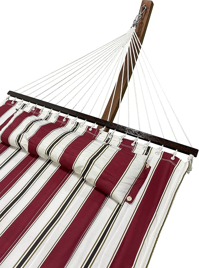 14 Ft. Wooden Arc Hammock Stand + Deluxe Quilted Double Padded Hammock Bed w/Pillow. 2 Person Bed. 450 LB Capacity(Teak Stain/Elegant Red Stripe)