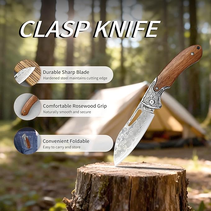 Damascus Steel Folding Knife 7.1 Multi-Purpose Pocket Knife Red sandalwood handle with a sharp blade suitable for cutting meat carving wood and outdoor activities(style B)