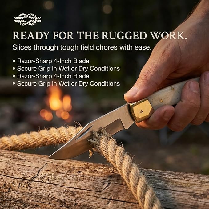 MAZEDAZE Folding Knife Handmade Self Defense Weapons Pocket Knife for Men Premium Survival Knife with Ebony Ergonomic Handle Made With Camel Bone Tactical Knife for Hunting Campaign and Skinning