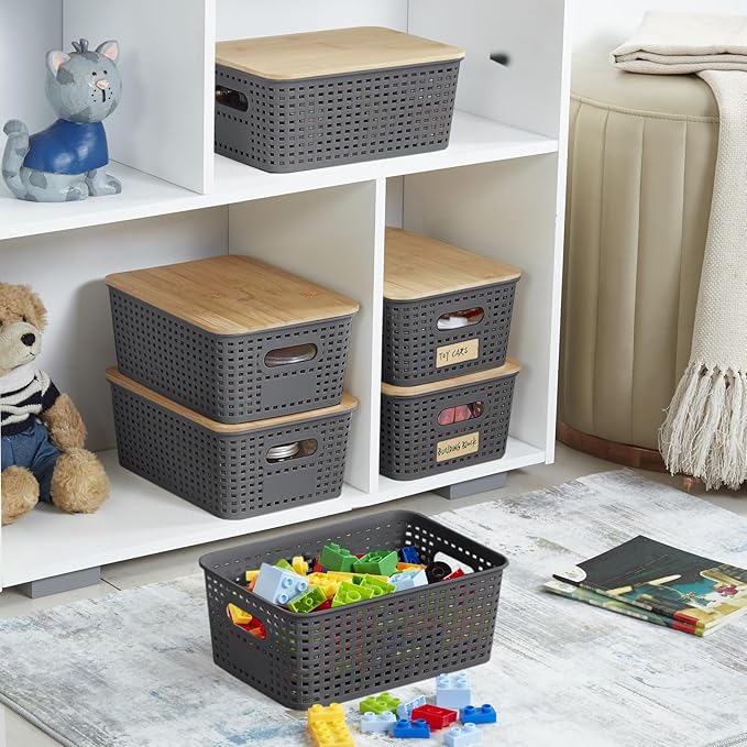 Small Plastic Storage Bins with Bamboo Lids 5.2qt Stackable Box Basket Pantry Decorative Containers Cute with Lable for Organizing Desktop Closet Office Gray of 6 packs 10 * 7.2 * 4.1