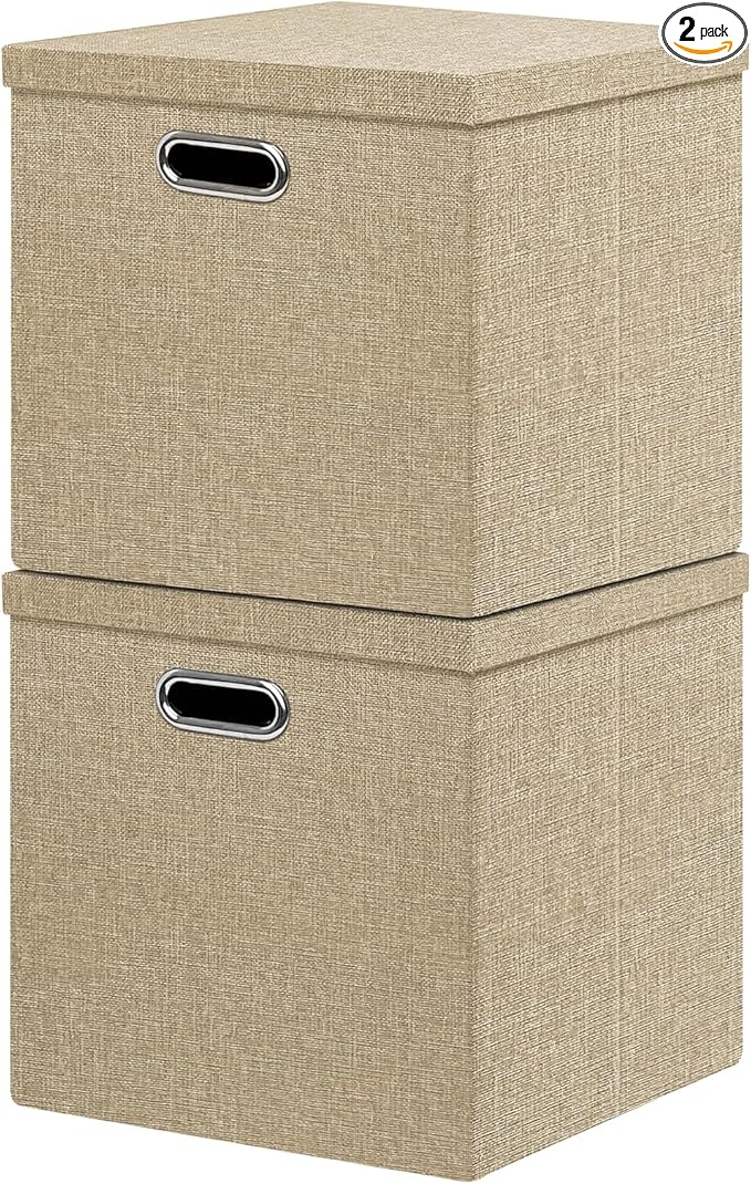 Linen Storage Bins with Lids13 x 13 Inch Foldable Fabric Cube Baskets Boxes Organizer for Closet Shelves and Home. (Khaki (13x13) 2 pack)