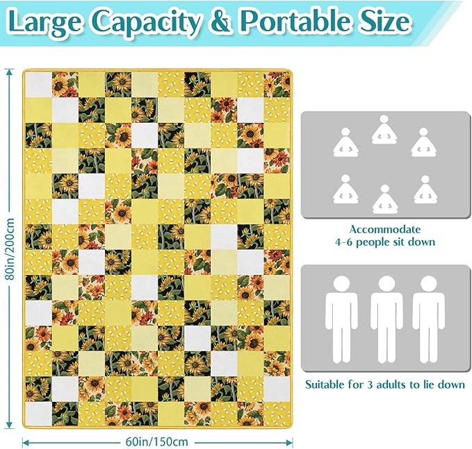 Checkered Picnic Blankets Waterproof Foldable 60″X80″Sunflower Picnic Mat Outdoor Blanket for Grass Cute Bee Thick Beach Blanket Sandproof Picnic Accessories for Camping Party Park Patio