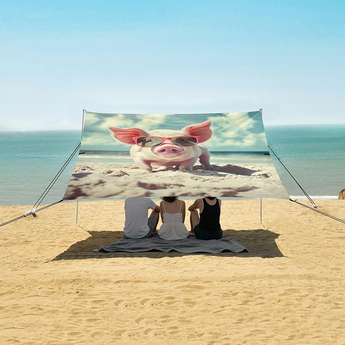 ALAZA Funny Pig with Sunglasses on The Beach Beach Tent Sun Shelter Portable Canopy Sunshade for Outdoor Camping Picnics Backyard Fun 10x9 ft