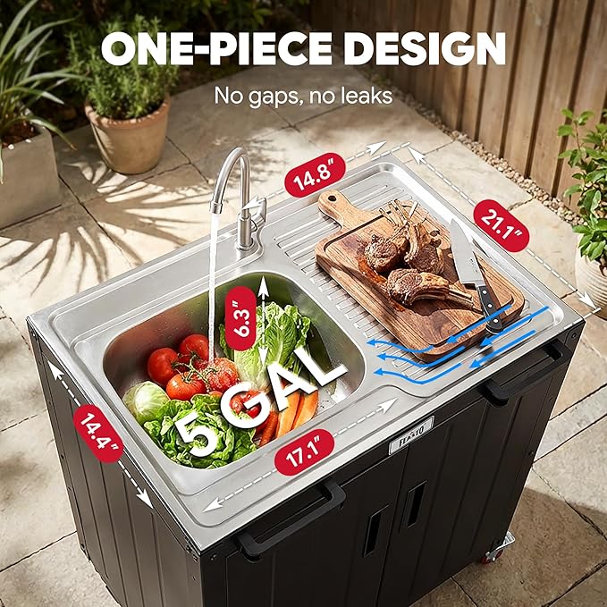 Feasto Outdoor Kitchen Island with Stainless Steel Sink and Storage Cabinet 35-Inch BBQ Prep Station with Faucet &amp Lockable Wheels for Patio Backyard and Outdoor Cooking Black &amp Silver