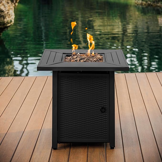 Nestl 28 Inch Fire Pit for Outdoor - 40000 BTU Outdoor Propane Fire Pit Table with Lid Rain Cover &amp Lava Rocks - Patio Fire Pit Table for Backyard Gatherings - Black
