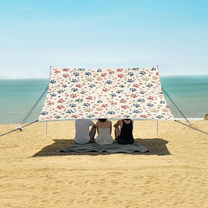 xigua Paw Print Beach Tent Sun Shelter with Carrying Bag - Silver Coated Oxford Fabric Beach Canopy for Beach Camping Fishing - Includes Windproof Ropes Sandbags &amp Stakes