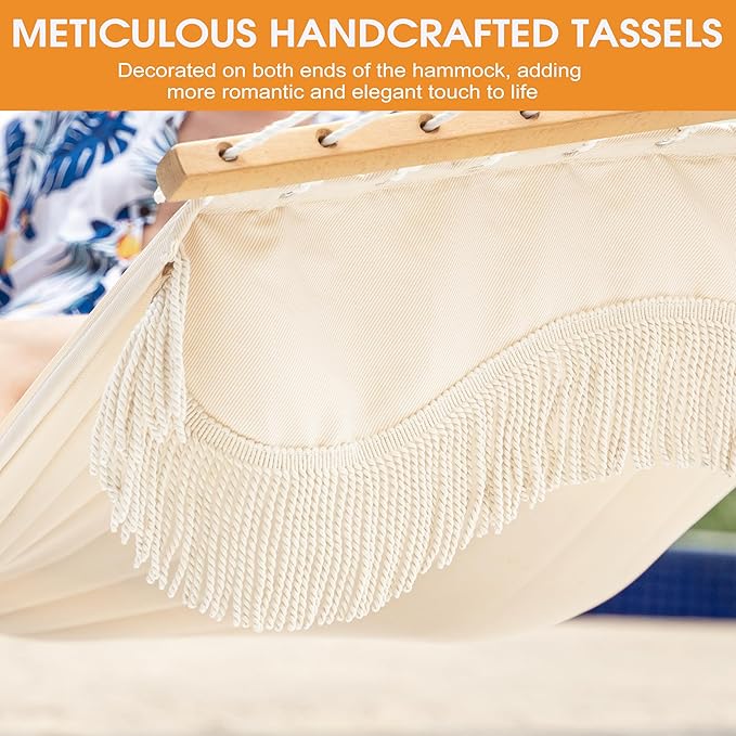 Lazy Daze Hammocks 12 FT Double Quilted Fabric Hammock with Hardwood Spreader Bar Tassels Soft Pillow Chains 2 Person Hammock for Outside Patio Backyard Poolside 450 LBS Weight Capacity Cream