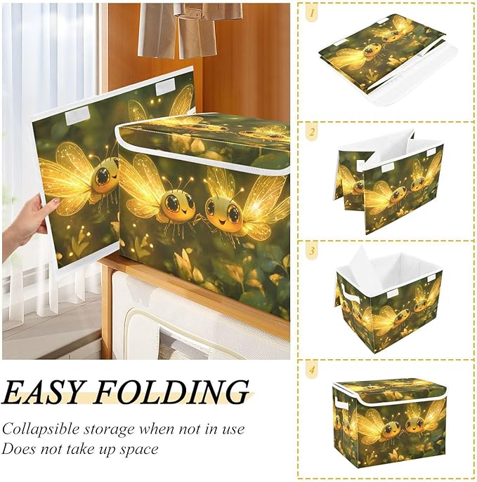 AIXIWAWA Lidded Storage Cube (Bees Golden) Fabric Foldable Closet Bins with Flip Lid and Handles Organizer Basket Container 16.5 x 12.6 x 11.8 IN
