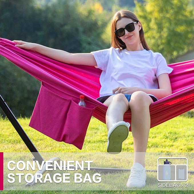 PNAEUT Double Hammocks with Stand for Outside Portable Space Saving Heavy-Duty Steel Stand for Indoor Outdoor Patio with Carrying Bag 450 lbs Capacity (Rose Pink)