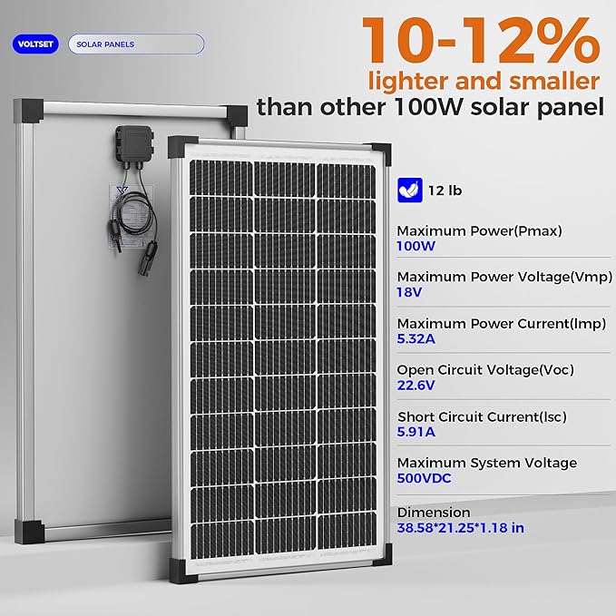 Voltset 100W 12V Solar Panel High Efficiency 9BB Cell Monocrystalline Solar Panels IP67 Waterproof Suitable for RV Marine Rooftop Home Yacht Off-Grid Applications (100W Single Panel)