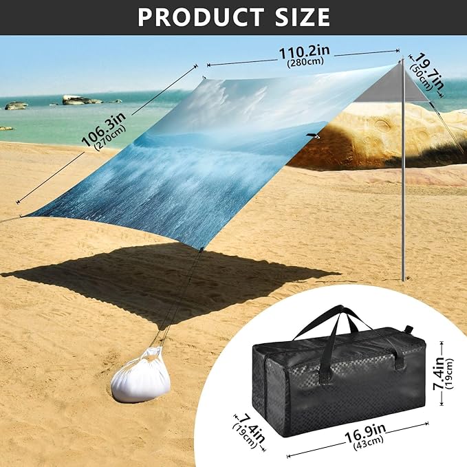 Meadow Blue Beach Tent Sun Shelter Set UPF50+ UV Protection 10.5 x 9.19 FT Camping Shade Canopy with Sandbags Sand Anchors Carrying Bag and Others