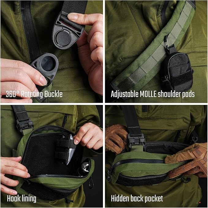 TACTICAL_GEEK Cache L3 EDC Sling Bag Chest Lightweight Shoulder Daypack 500D Nylon Travel Hiking Concealed CarryCrossbody Bag Tactical Backpack Hiking Ambidextrous Strap Green