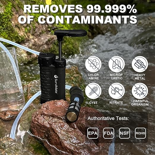 SurviMate Water Purifier Survival Pump0.01 Micron 5-Stage Water Purifier SystemHand Pump Water Filter Portable Outdoor EmergencyCamping Hiking Backpacking