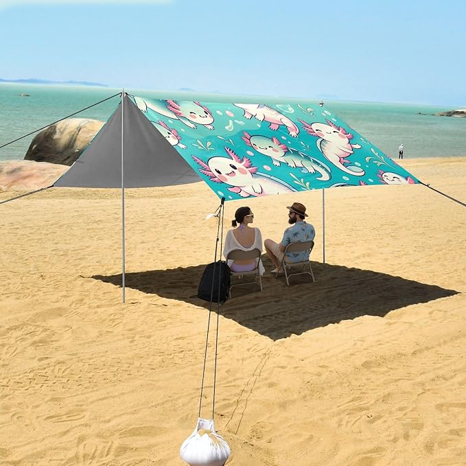 Cute Axolotl Pattern Beach Tent Sun Shelter Set UPF50+ UV Protection 10.5 x 9.19 FT Camping Shade Canopy with Sandbags Sand Anchors Carrying Bag and Others