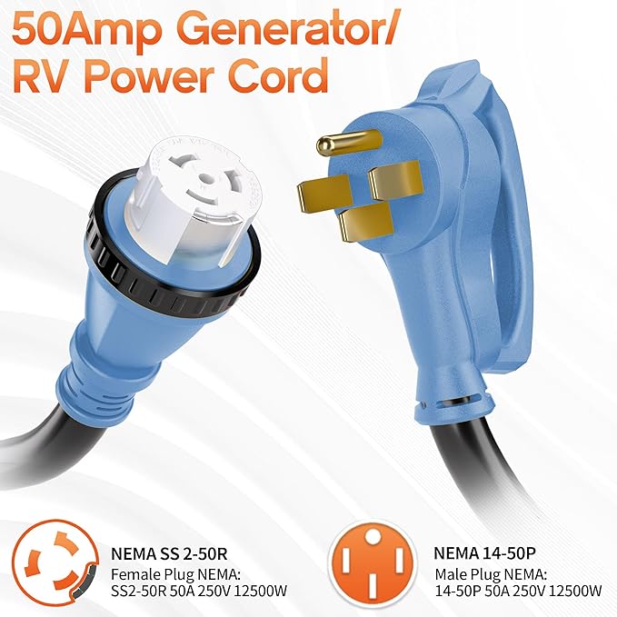 50FT 50 Amp Generator Cord NEMA 14-50P/SS2-50R Heavy-Duty 4 Conductors Cable Pure Copper STW RV Extension Cord Female Plug with Twist Lock Suitable for RV or Camper ETL Listed