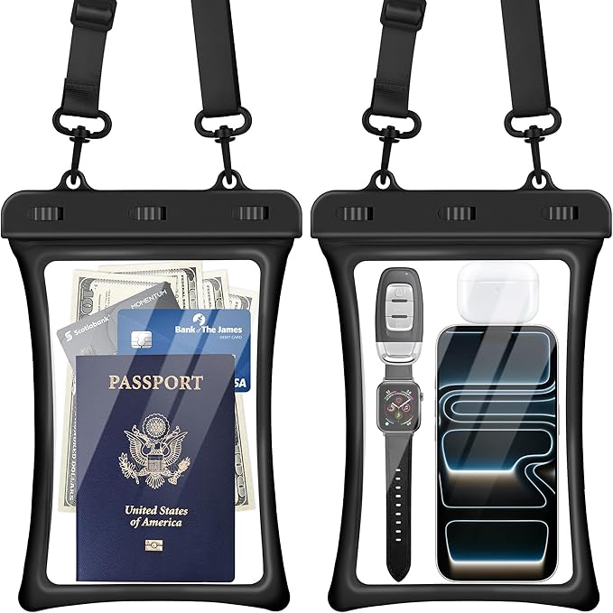 CACOE [Floatable Floating Universal IPX8 Waterproof Phone case 2 Pack-Up to 10.0Adjustable Lanyard Phone PouchCellphone Dry Bags for Vacation Beach Pool Kayak Cruise Travel Essentials（Black+Black）
