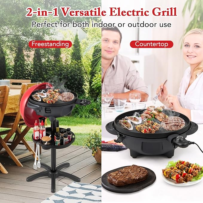 1200W Electric Grill Outdoor 2-in-1 Freestanding &amp Tabletop BBQ Grill w/Thermometer Nonstick Griddle Lid &amp Drip Tray Portable Camping Grill for Patio Backyard Party (Red)