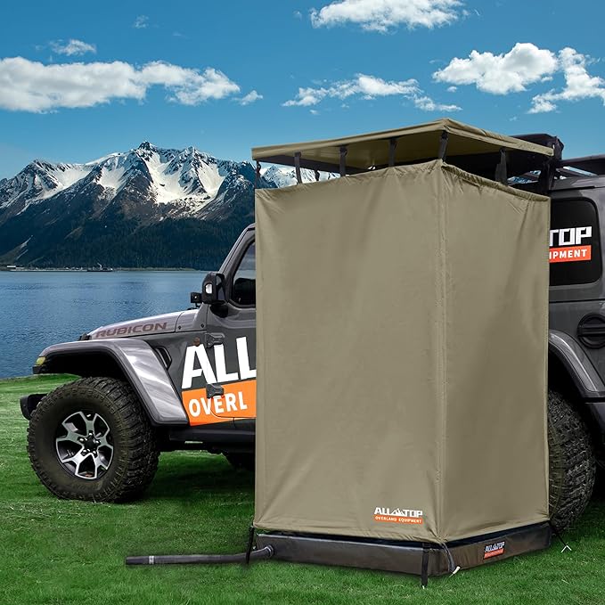 ALL-TOP Awning Shower Room w/Foldable Floor Mat 3.3ft x 3.3ft Privacy Shelter Restroom w/Roof LED Light Drain Pipe Carside Bathroom