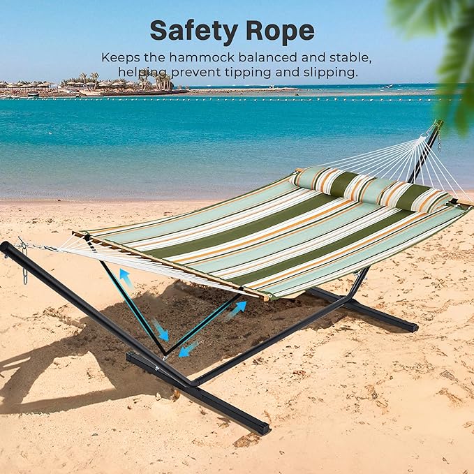 SUPERJARE Hammock with Stand 2 Person Quilted Outdoor Hammock Detachable Pillow &amp Bamboo Spreaders Portable Hammock with Carrying Bag Heavy Duty Stand Perfect for Outside Patio Retro Green