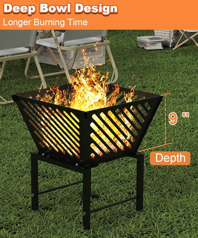 Mondazie Outdoor Fire Pit — 17 Inch Portable with Storage Bag for Camping Patio Heating Picnic and BBQ Trapezoid Diagonal Hollow Black