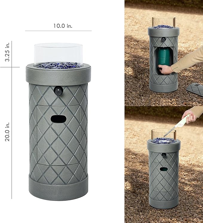 1 lb Column Propane Fire Pit 10000 BTU Gas Fire Pit Outdoor Firepit for Patio w/Wind Glass Shield Glass Rocks