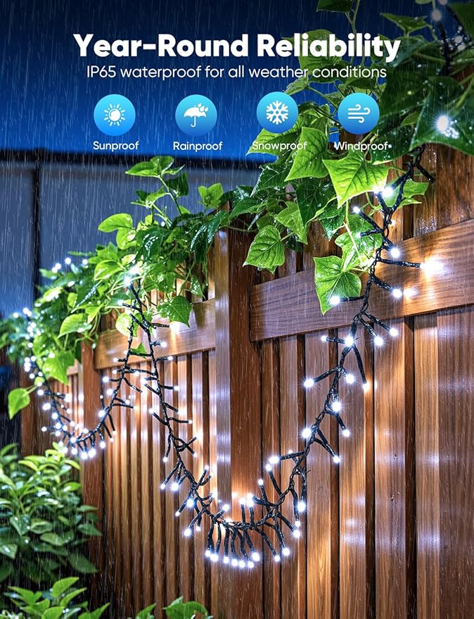 Minetom Christmas Cluster Battery Operated Outdoor Lights 4 Pack 10Ft 120 LED Firecracker String Waterproof Twinkle for Wreath Xmas Tree Decorations Cool White