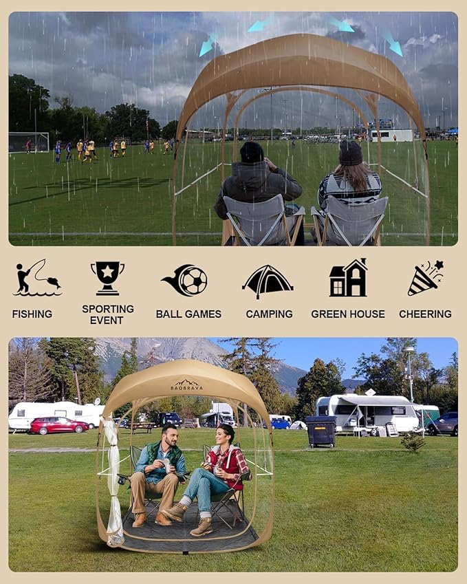 Baobrava Pop Up Sports Tent - Thick PVC Scratch-Resistant Bubble Clear Tent Instant Weather Proof Pod with Extra Top Cover for Soccer Football Games Outdoor Events 1-2 Person