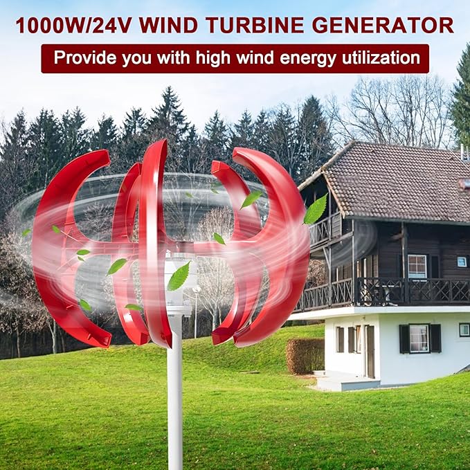 1000W 12V/24V Vertical Wind Turbine Generator Kit Low Noise Wind Power System High-Efficiency Windmill with Permanent Magnet Alternator Nylon Fiber Blades for Home Use Red