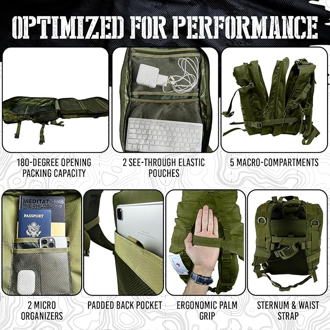 AMERICANPHOENIX 45L Elite Tactical Backpack | 3X Stronger Work &amp Military Backpack | Water Resistant and Heavy Duty | 3 Day MOLLE Bug Out Bag (Olive Green)
