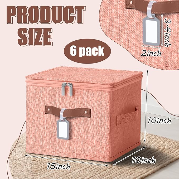 6 Pack Fabric Closet Storage Bins with Zipper Lids and Label 10×8×7In Large Foldable Cotton Linen Storage Cubes with Leather Handles for Nursery Pink Purple Blue Green Yellow Orange
