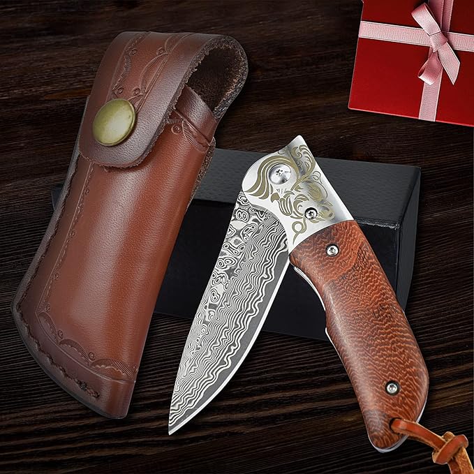 AUBEY Damascus Pocket Knife with Clip Folding Knives with VG10 Damascus Steel Blade Wooden Handle Foldable EDC Knifes for Outdoor Survival Collection Gift