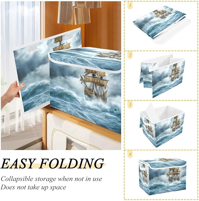 Sea Ship Storm Large Linen Storage Bins with Lid &amp Handle Foldable Storage Cubes Organizer Box Basket with Flip-Top Lid for Home Office 16.5” x 12.6” x 11.8”