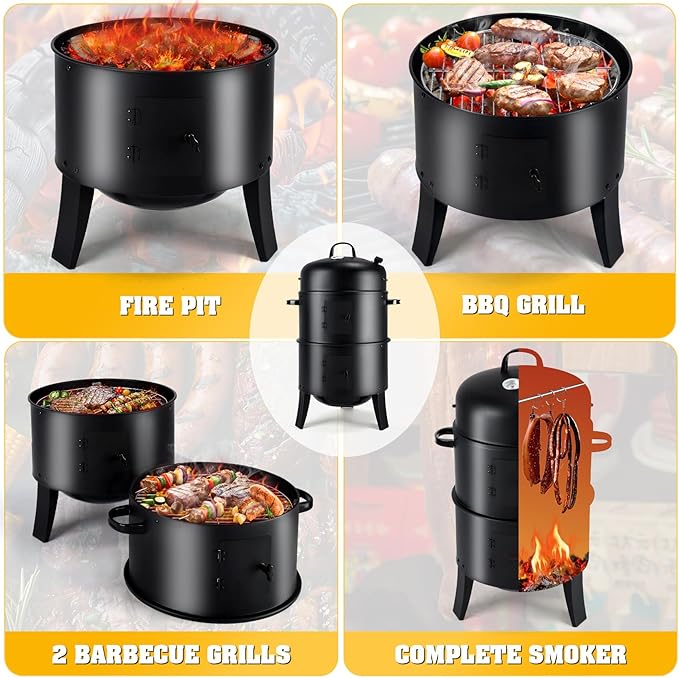 TCFUNDY 32 Vertical Charcoal Smoker Grill Heavy-Duty BBQ Grill with Built-in Thermometer 3 in 1 Grill and Smoker Portable Meat Cooker with Air Vent for Outdoor Barbecue Cooking