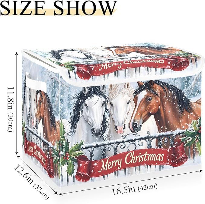 senya Christmas Baskets Collapsible Storage Bins with Lids Horses in The Snow Christmas Storage Boxes Clothes Baskets for Organizing