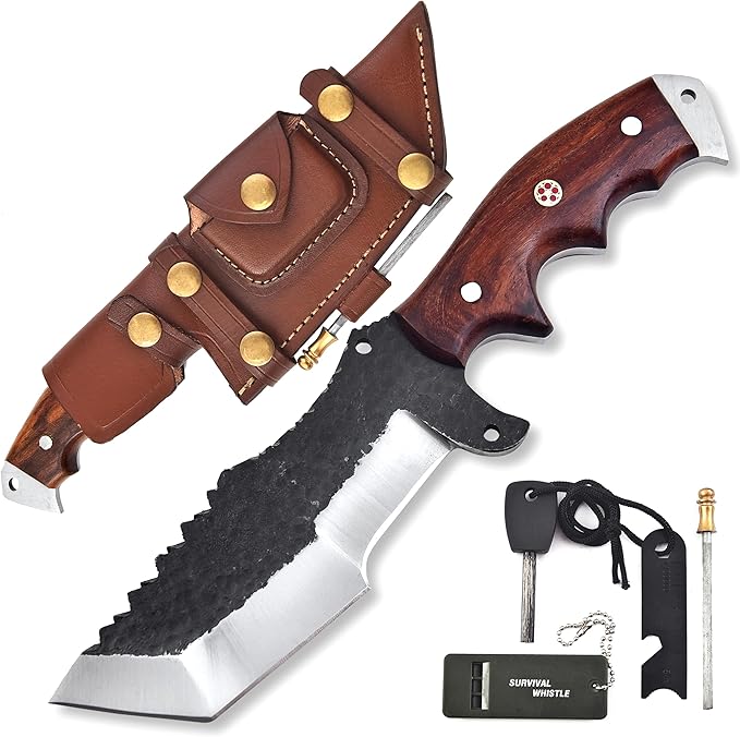 KIMPE Premium Hunting Knife – Spring Steel Fixed Blade Razor Sharp Outdoor Survival Knife with Rose Wood Handle &amp Leather Sheath Bushcraft Camping Skinning Knife Gift for Men.(Spring Steel &amp
