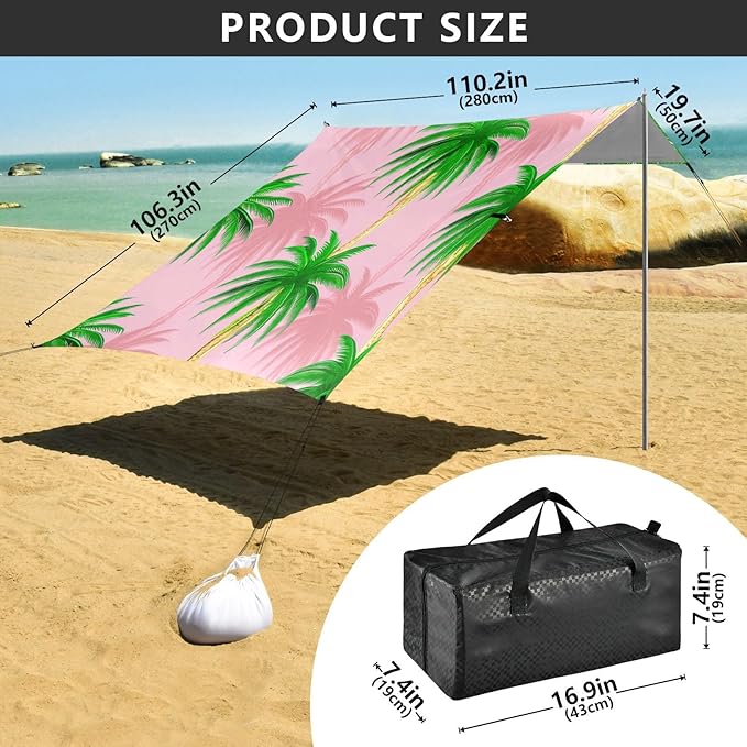 xigua Palm Tree Beach Tent Sun Shelter with Carrying Bag - Silver Coated Oxford Fabric Beach Canopy for Beach Camping Fishing - Includes Windproof Ropes Sandbags &amp Stakes