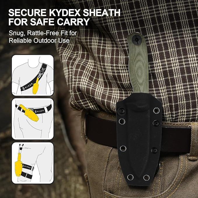 Kizer Drop Bear Fix 3 Fixed Blade Knife 3.8 14C28N Blade EDC Camping Knife with Green Micarta Handle Small Hunting Knives with Sheath Outdoor Survival Knives with Pocket Clip and Lanyard 1101A2