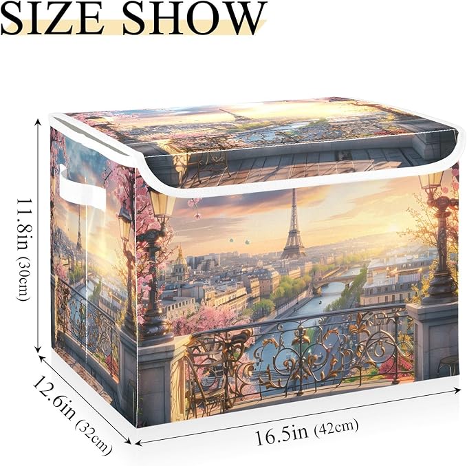 ALAZA Storage Bins Organizer Box Baskets Lidded Clothes for Shelves Closet Paris Spring Collapsible Stackable Storage Cubes Handles