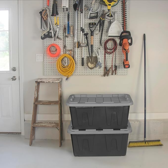 CX BLACK &amp YELLOW 27-Gallon Heavy Duty Tough Storage Container &amp Snap-Tight Lid Black &amp Grey (14.3H x 20.6W x 30.6D) Weather-Resistant Design and Stackable Organization Tote [2 Pack]