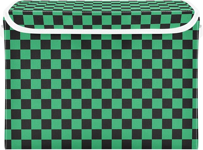 Green Black Checkerboard Storage Baskets Lidded Bin Foldable Storage Boxes Cubes Lids with 2 Handles for Organizing Closet Home Office