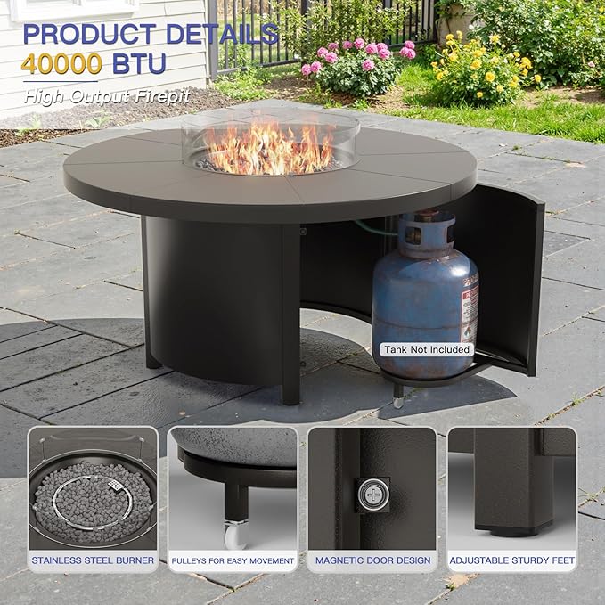 Kurapika Propane Round Fire Pit Table 48in 40000 BTU Auto-Ignition Round Gas Fire Pits CSA Certification Wider Desktop Round Fire Tables with Windshield White Stone and Lid for Outside Patio