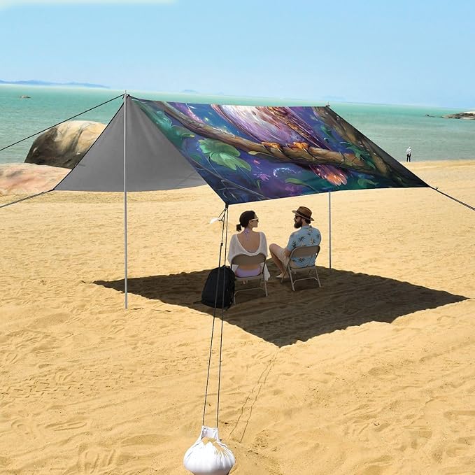 ALAZA Cute Owl Moon Beach Tent Sun Shelter UPF50+ Protection Beach Shade Canopy w/ 4 Sandbags for Outdoor Camping Fishing Backyard Fun Picnic 10x9 ft