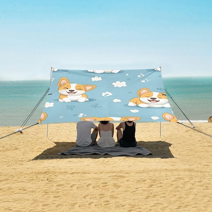ALAZA Corgi Dogs Flower Pattern Beach Tent Sun Shelter Portable Canopy Sunshade for Outdoor Camping Picnics Backyard Fun 10x9 ft