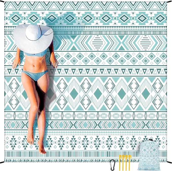 Beach Blanket Waterproof Sandproof Beach Mat 79 X 83/10'x9'for 2-8 Adults Quick Drying Outdoor Picnic Mat Beach Accessories for Travel Camping Hiking