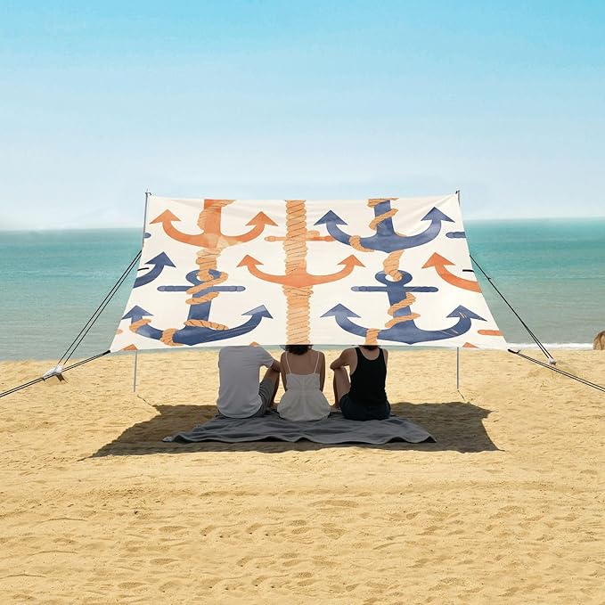 Navy Blue Striped Rope and Ocean Watercolor Foldable Beach Cabana UPF50+ Protection Lightweight Shade Sun Shelter with Sandbags &amp Sand Shovel for Camping Picnics Backyard &amp Fishing