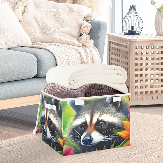 Flower Raccoon Storage Cube with Lid Collapsible Flip-top locker Fabric Storage Bins Basket with Handle for Home Bedroom Closet Office 16.5×12.6×11.8 in