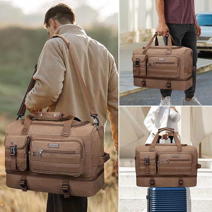 WITZMAN Duffle Bag for Men 50L Canvas Weekender Overnight Bag with Toiletry Bag Sets Travel Duffel Bag Shoes Compartment（A8010/2 Brown）