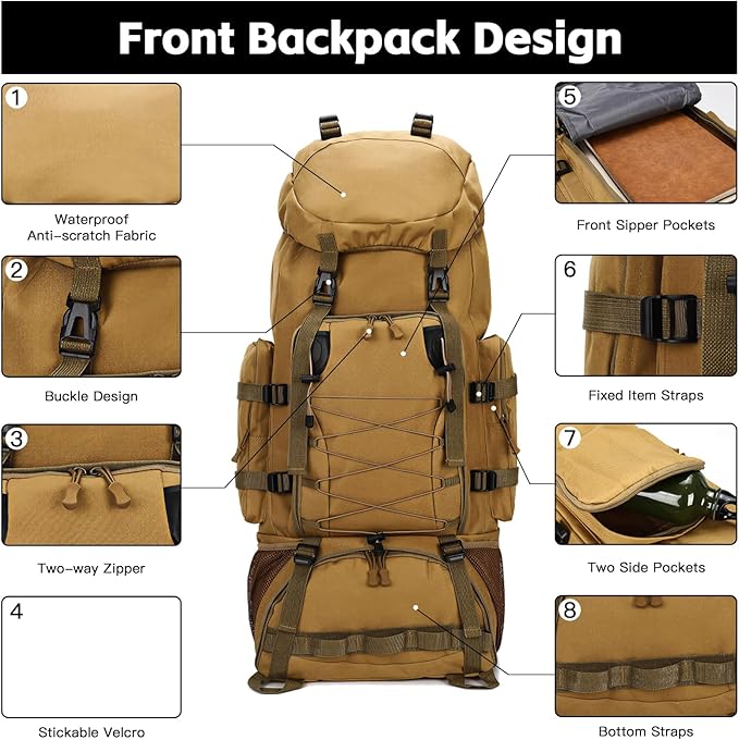 90L Camping Hiking BackpackMolle Military Tactical Rucksack BackpackWaterproof Lightweight Hiking Backpack (Khaki 90L)
